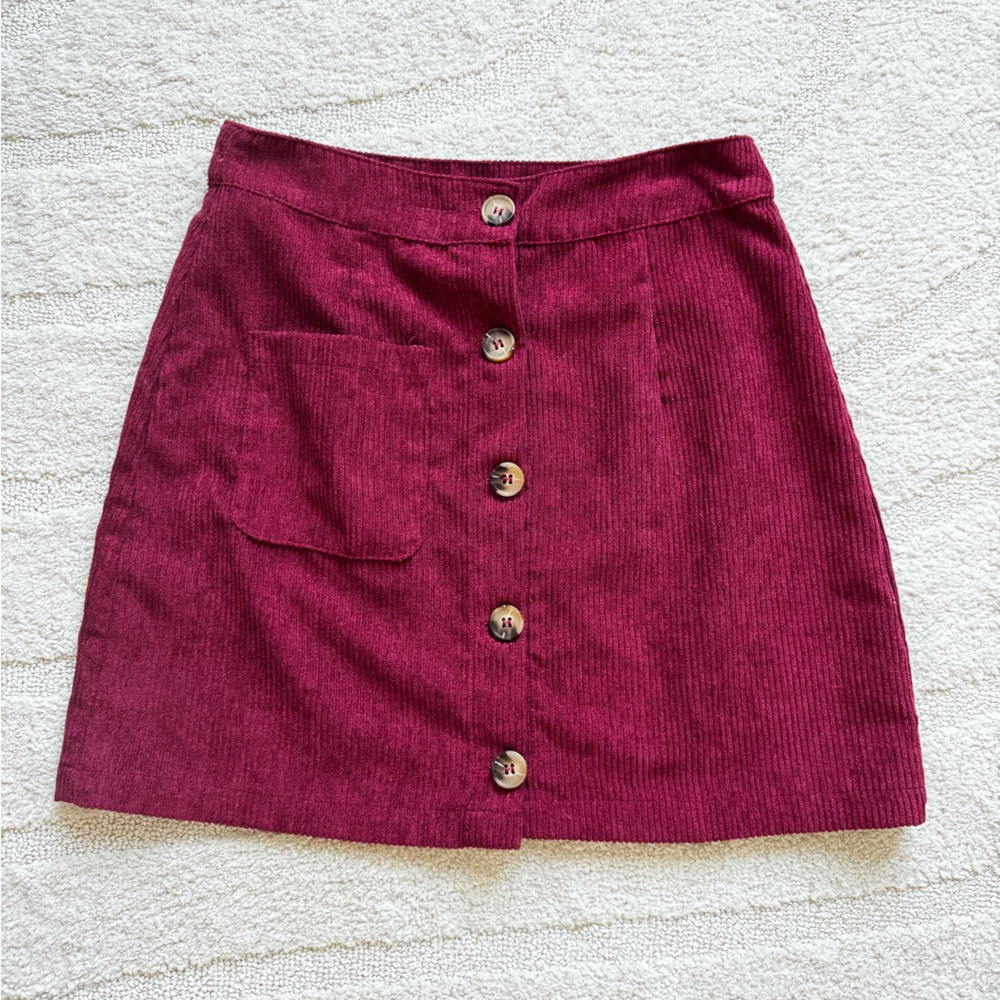 Burgundy Dark Red Corduroy Mini Skirt with Buttons Size XS